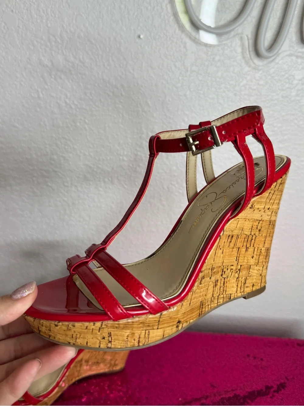 2/for $20 🪩 JESSICA SIMPSON Red Patent T-Strap Cork Wedge Sandals (Women’s 6)